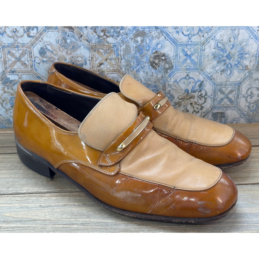 Vintage Loafers Two-Tone Patent Leather Gold Bar Shoes Mens 10 EE Retro Dancing
